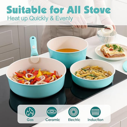 SENSARTE 17 Piece Ceramic Pots and Pans Set, Nonstick Detachable Handle Cookware, Induction Kitchen Cookware Set with Removable Handle, Dishwasher ＆ Oven Safe (Turquoise) - Image 6