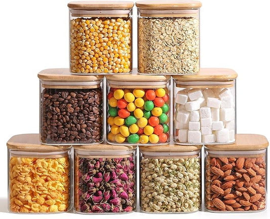 ComSaf 0.7 Qt Glass Food Storage Jars Set of 9, Clear Glass Storage Containers with Lids, Pantry Organization Jar, Spice, Blooming Tea, Oat, Coffee and Sugar Container, Small Canister Set for Kitchen by ComSaf