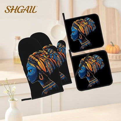 Black Women Oven Mitts & Potholder Set of 4 - Heat Resistant Kitchen Gloves Hot Pads for Baking, Cooking, Gifts for Women