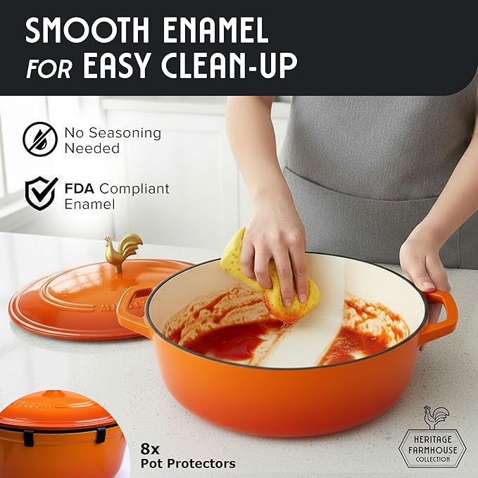 MUELLER HOME 5.5 Quart Enameled Cast Iron Oval Dutch Oven w Rooster Knob & Cotton Potholders, Heavy-Duty Cookware, Oven-Safe up to 500° F & Across All Cooktops, Gifts for Grandma & Women, Orange - Image 7