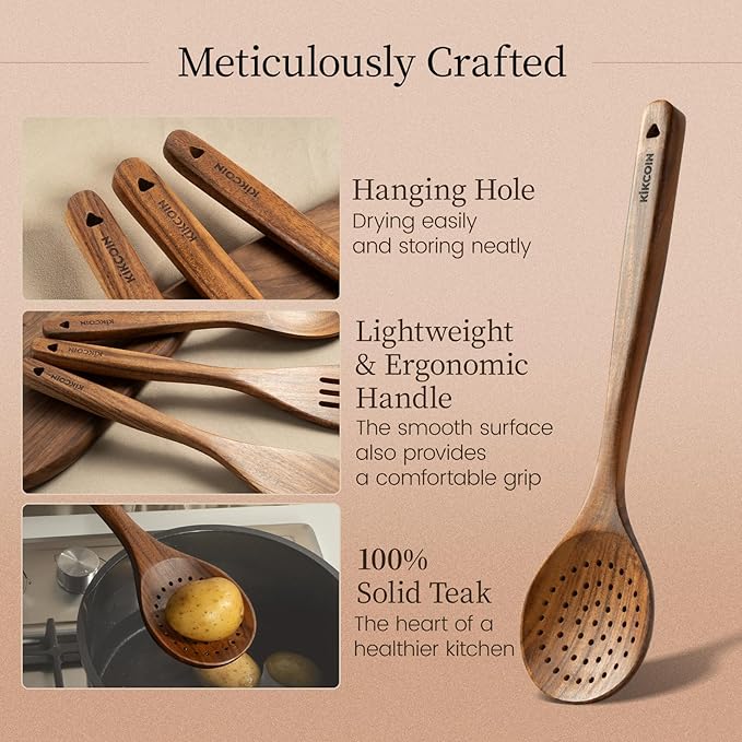 Kikcoin 7 PCS Durable Natural Teak Wooden Cooking Utensils Set, Non Toxic Wooden Spoons for Cooking, Wooden Utensil Set for Cooking with Comfort Grip, Nonstick & Easy to Clean Wood Kitchen Utensil Set - Image 6