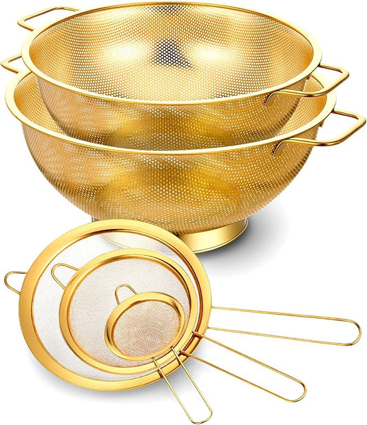 Strainers and Colanders Set, 2 PCS Stainless Steel Colander and 3 PCS Fine Mesh Strainer Gold Metal Pasta Rice Colanders & Food Strainers with Handles for Kitchen, Dishwasher Safe (5 Quart+4 Quart) by Unknown