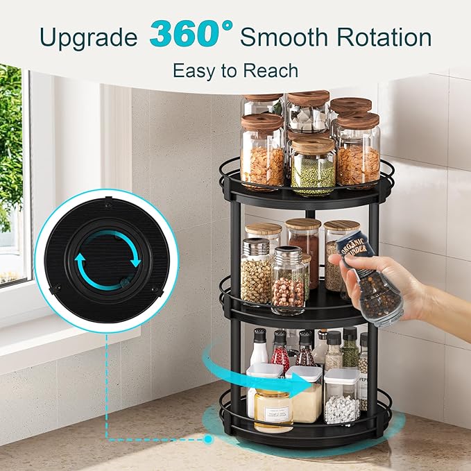 Snughome Lazy Susan Organizer, 3 Tier Rotating Spice Rack for Countertop, Turntable Lazy Susan Kitchen Countertop Organizer, 10.2" x 10.2" x 18.5", Black - Image 4