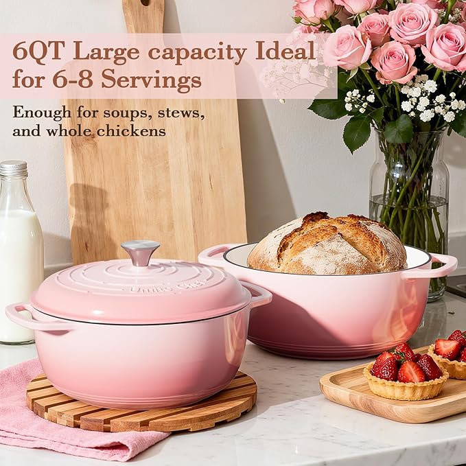 Umite Chef 6QT Enameled Cast Iron Dutch Oven with Lid, Versatile Heavy-Duty Cookware Pot for Baking Bread, Braising, Soups & Stews, Oven & Stovetop Safe with Heat Resistant Gloves(Pink) - Image 5
