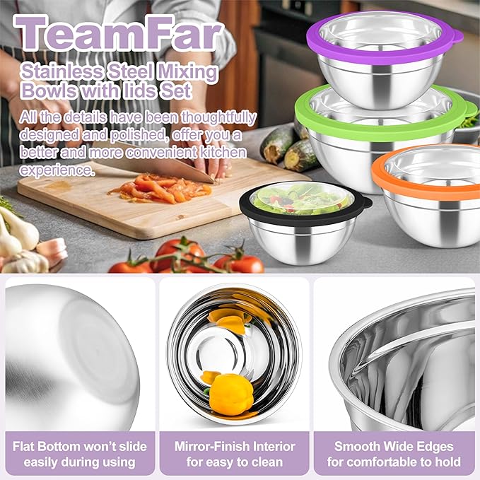 TeamFar Mixing Bowl Set, 4.5/3/1.5/1/0.7 QT Stainless Steel Nesting Salad Bowls with Visible Lids, For Serving/Mixing/Storing, Non-Toxic & Heavy Duty, Airtight & Easy Clean, Multi-Color, Set of 5 - Image 4