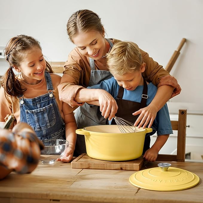 Overmont Enameled Cast Iron Dutch Oven - 5.5QT Pot with Lid Cookbook & Cotton Potholders - Heavy-Duty Cookware for Braising, Stews, Roasting, Sourdough Baking Goose Yellow - Image 8