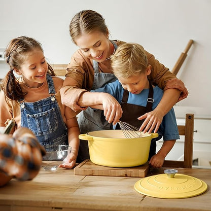 Overmont Enameled Cast Iron Dutch Oven - 5.5QT Pot with Lid Cookbook & Cotton Potholders - Heavy-Duty Cookware for Braising, Stews, Roasting, Sourdough Baking Goose Yellow - Image 8