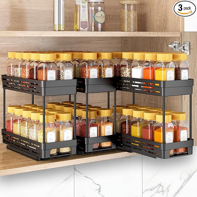 Pull Out Spice Rack Organizer for Cabinet, 3 Packs Slide Out Spice Racks Organizer, Spice Cabinet Organizers, Cabinet Size Need:12'' Highx11'' Deepx5'' Wide,Each Tier Hold 10 Spice Jar - 2 Tier, Black by DABIGE