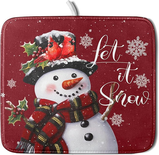 Christmas Dish Drying Mat for Kitchen Counter Snowman Let It Snow Microfiber Absorbent Dish Draining Reusable Washable Foldable 16"x18" by Unknown