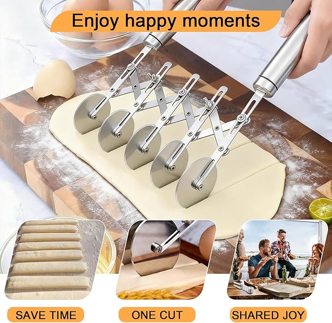 5-Wheel Pastry Cutter & Dough Divider - Adjustable Heavy Duty Stainless Steel Tool for Cinnamon Rolls, Brownies, Lattice, Pasta, Pizza | Achieve Perfect, Even Cuts Every Time - Image 3
