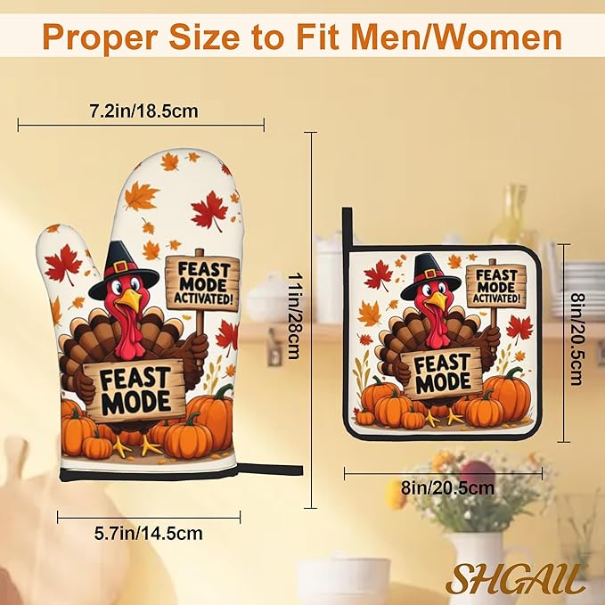Turkey Oven Mitts with Matching Potholders - Heat Resistant Kitchen Accessories for Baking, Grilling, Cooking, Gifts for Women