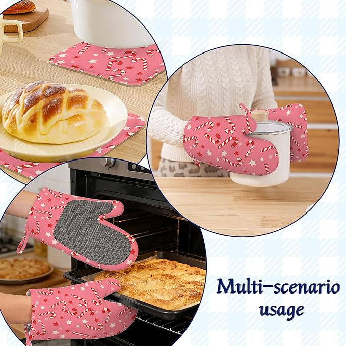 Pink Christmas Candy Cane Pot Holders and Oven Mitts Set Silicone Stars Kitchen Gloves Potholders Heat Resistant Washable,Chef Cooking Baking Gifts for Women Men Bakers Lover Cooks