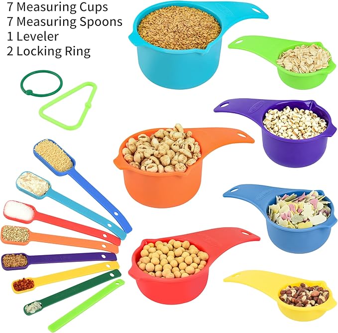 Measuring Cups and Spoons Set, Plastic Measuring Cup Set 15, Mixing Color Dry Measure Cups Spoons, 7 Measuring Cups & 7 Spoons, Kitchen Measure Cup Spoons for Cooking & Baking