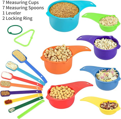 Measuring Cups and Spoons Set, Plastic Measuring Cup Set 15, Mixing Color Dry Measure Cups Spoons, 7 Measuring Cups & 7 Spoons, Kitchen Measure Cup Spoons for Cooking & Baking
