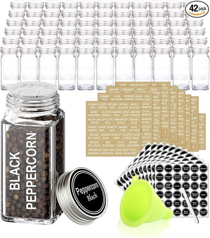 SWOMMOLY 42 Glass Spice Jars with 703 Spice Labels, Chalk Marker and Funnel Complete Set. 42 Square Glass Jars 4oz, Airtight Cap, Pour/sift Shaker Lid by SWOMMOLY