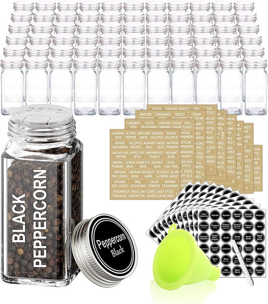SWOMMOLY 66 Glass Spice Jars with 703 Spice Labels, Chalk Marker and Funnel Complete Set. 66 Square Glass Jars 4oz, Airtight Cap, Pour/sift Shaker Lid by SWOMMOLY