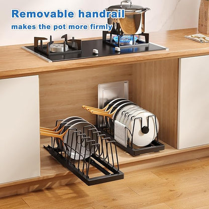 Mustorn 2 Pack Pots and Pans Organizer Under Cabinet, 21.6" Deep Pull Out Pot Lid Organizer Holder with Guardrail Adhesive Pot and Pan Holder Rack with 10 Adjustable Dividers(Black) - Image 7