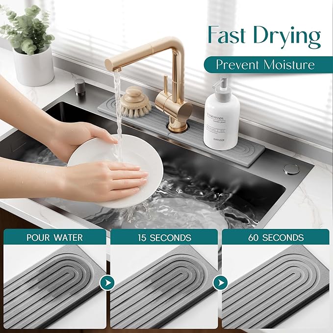 eormoe Faucet Mat for Kitchen Sink - Diatomaceous Earth Faucet Splash Guard, Fast Drying Sink Protector - Water Absorbing Stone for Bathroom Sink (Grey, 19.5'' x 3.9'') - Image 3