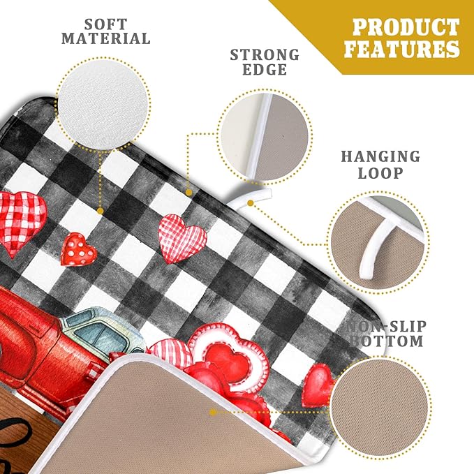 Valentine's Day Red Heart Truck Dish Drying Mat for Kitchen Counter,Black White Buffalo Plaid Love Drying Mat 16 x 18 Inch with Absorbent Reversible Microfiber Dish Drying Pad for Coffee Bar - Image 4
