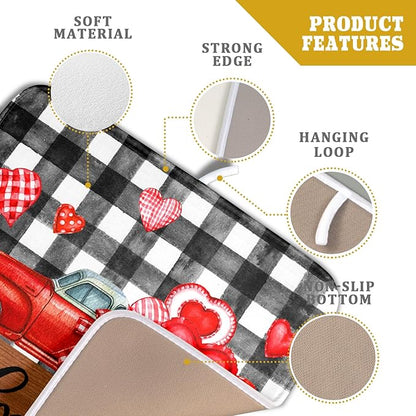 Valentine's Day Red Heart Truck Dish Drying Mat for Kitchen Counter,Black White Buffalo Plaid Love Drying Mat 16 x 18 Inch with Absorbent Reversible Microfiber Dish Drying Pad for Coffee Bar - Image 4