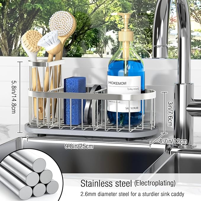 Sponge Holder for Kitchen Sink with High Brush Holder, [Stay-Dry Anywhere & No Drainage Needed] Rustproof Stainless Steel Kitchen Sink Caddy Organizer with Water Absorbing Stone Tray, Silver - Image 2