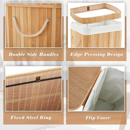 2 Pack 21 Gallon Bamboo Slim Trash Can with Lid Large Foldable Slim Rectangular Garbage Can Laundry Basket Bamboo Waste Basket for Bathroom Bedroom Office Home Salon Spa (Wooden Color)