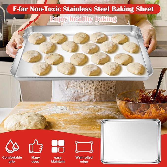 E-far Cookie Sheet for Baking, 18”x13” Stainless Steel Baking Sheet Pan for Oven, Large Non Toxic Metal Baking Tray for Cake Cookies, Healthy & Rust Free, Mirror Finish & Dishwasher Safe, 1 Pack - Image 5