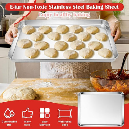 E-far Cookie Sheet for Baking, 18”x13” Stainless Steel Baking Sheet Pan for Oven, Large Non Toxic Metal Baking Tray for Cake Cookies, Healthy & Rust Free, Mirror Finish & Dishwasher Safe, 1 Pack - Image 5