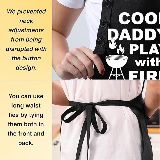 TOSHE Funny Apron Waterdrop Resistant Cotton Apron with adjustable Aprons for Women with Pockets 12 Color option Cooking (Black - Cool Daddy Play with Fire) - Image 7