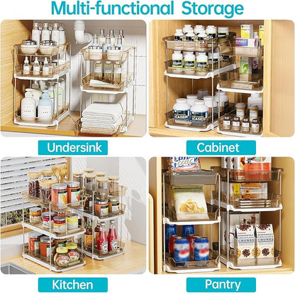 Delamu 2 Pack 3-Tier Bathroom Under Sink Organizers and Storage, Multi-Purpose Stackable Pantry Organization and Storage, Pull Out Clear Kitchen Bathroom Cabinet Organizer with Movable Dividers, Amber - Image 8