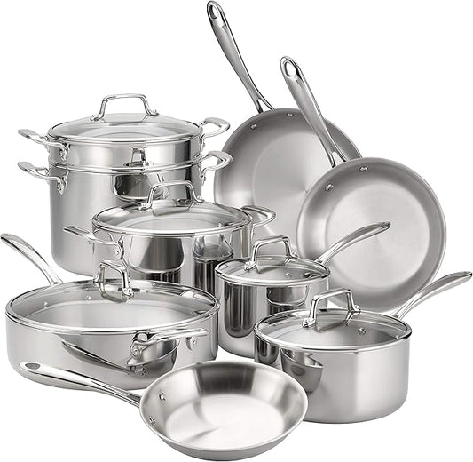 Tramontina Tri-Ply Clad Stainless Steel 14-Piece Cookware Set with Glass Lids, Pots and Pans Kitchen Set, Induction-Ready, Dishwasher-Safe, NSF-Certified by Tramontina