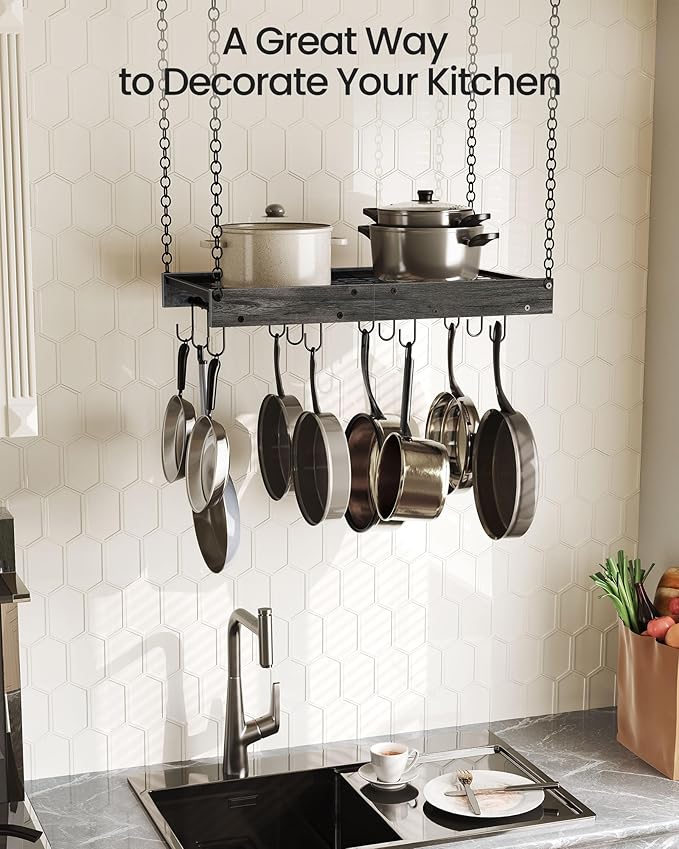 CHOEZON Hanging Pot Rack, Ceiling Mounted Pot Hanger, Vintage Pot Rack for Kitchen, Pot Storage Organizer, with 12 S-Shaped Hooks, for Cookware Storage, Space Saving, Charcoal Black and Black TPR01BC - Image 4
