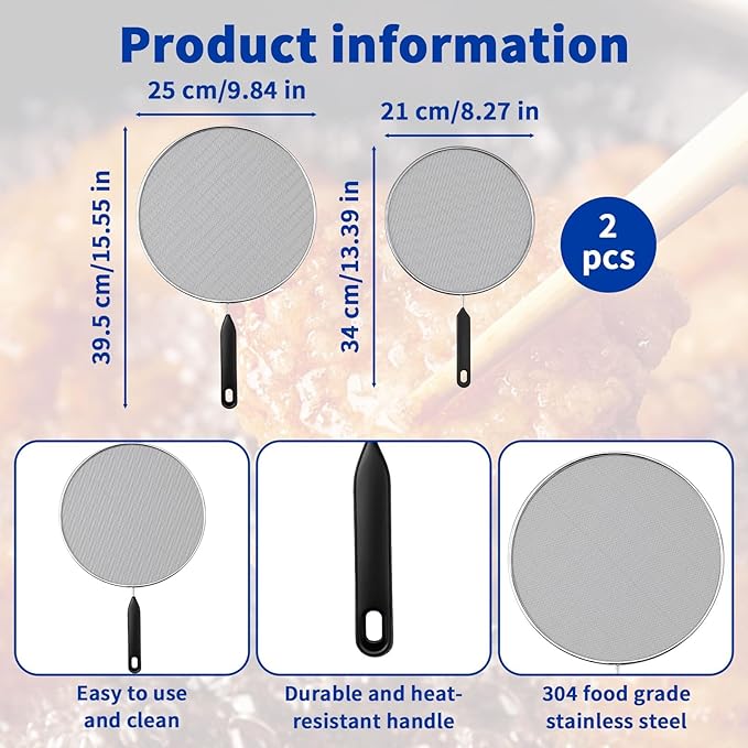 2-Pack Splatter Screen for Frying Pan - 8'' 10'' Stainless Steel Grease Splatter Guard - Cover Oil Splash when Sizzling Bacon - Fine Mesh Cover, Splatter Screen for Frying Pan, Cooking Pots - Image 2