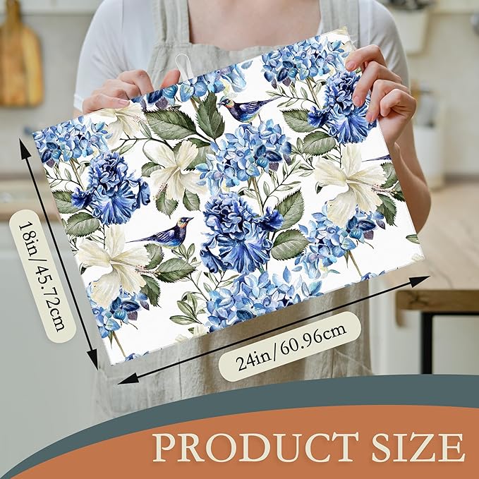 Blue Hydrangea Flowers Dish Drying Mat,Bird Drying Rack Pad Countertop Dishes Ultra Absorbent Microfiber Kitchen Counter Mat for Coffee Countertop Decor 18x24 Inch