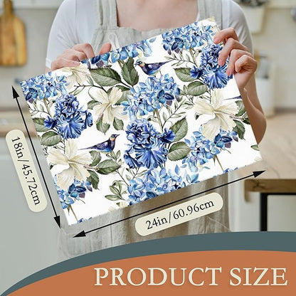 Blue Hydrangea Flowers Dish Drying Mat,Bird Drying Rack Pad Countertop Dishes Ultra Absorbent Microfiber Kitchen Counter Mat for Coffee Countertop Decor 18x24 Inch