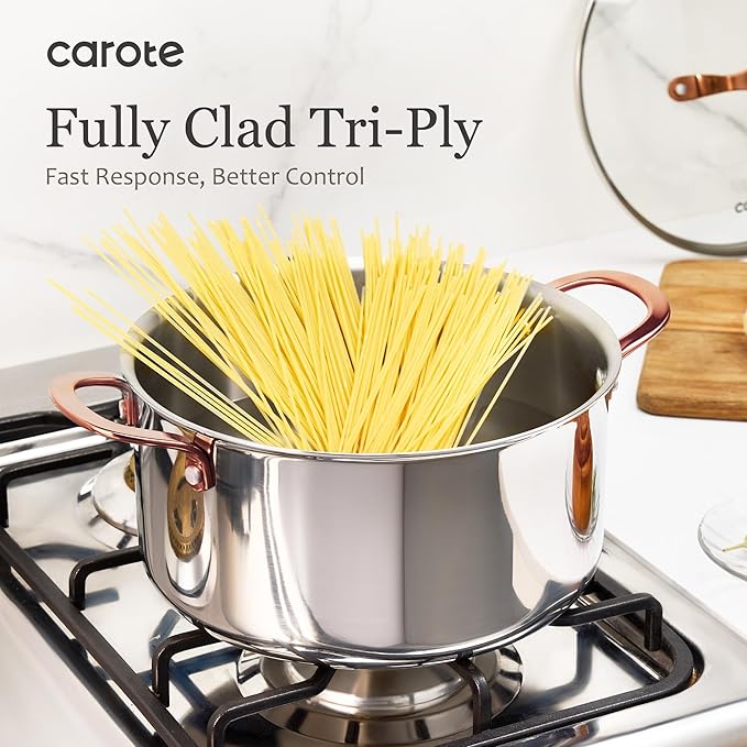 CAROTE 21pcs Tri-Ply Stainless Steel Cookware Set, Pots and Pans Set, Non Toxic Induction Kitchen Cooking Sets, Cookware Collection, Mirror Polish, Gold - Image 7
