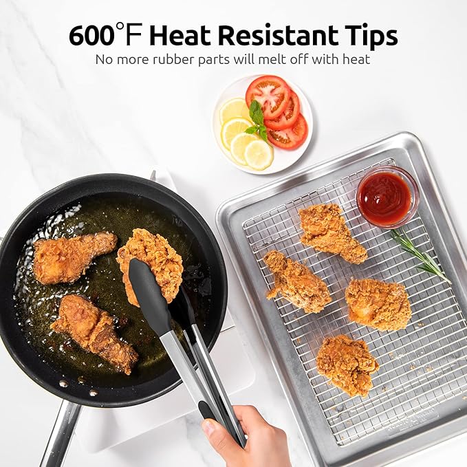 600ºF Heat Resistant Kitchen Tongs: U-Taste 12 inch Large Silicone Cooking Tong with Sturdy Non Stick Rubber Tips & Silicon Coated 18/8 Stainless Steel Handle & Smooth Locking for Serving Grill(Black) - Image 3