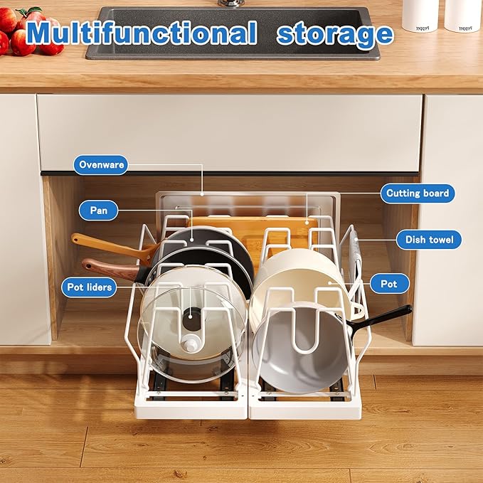 Mustorn Pots and Pans Organizer Under Cabinet, 21.6" Deep Pull Out Pot Lid Organizer Holder with Guardrail Adhesive Pot and Pan Holder Rack with 10 Adjustable Dividers-1 Pack(White) - Image 2