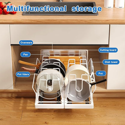 Mustorn Pots and Pans Organizer Under Cabinet, 21.6" Deep Pull Out Pot Lid Organizer Holder with Guardrail Adhesive Pot and Pan Holder Rack with 10 Adjustable Dividers-1 Pack(White) - Image 2