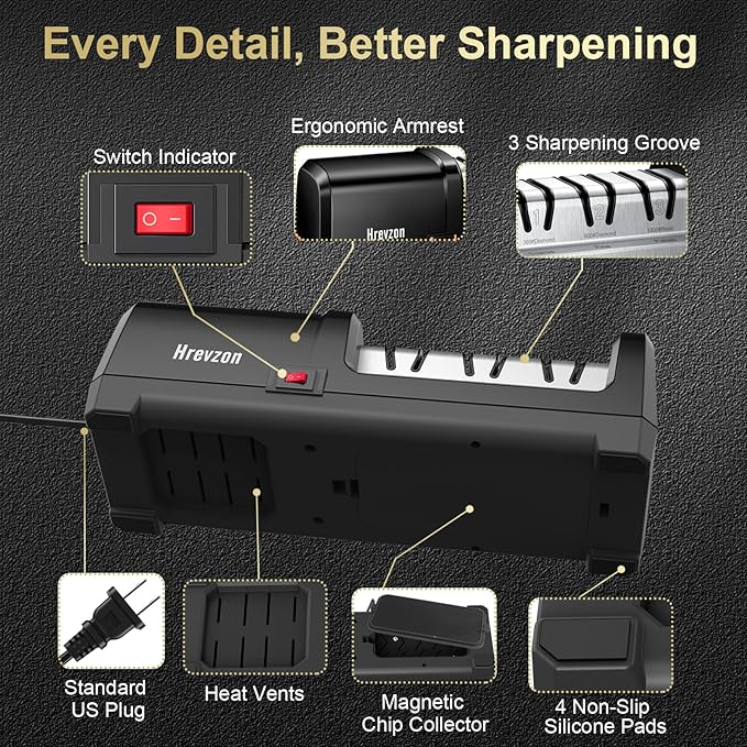 Knife Sharpener Electric for Kitchen Knives, with 100% Diamond Abrasives and Precision Angle Guides, 3-Stage Professional Automatic Quickly Sharpening/Polishing - Image 4