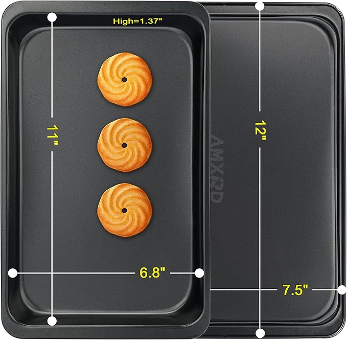 Cookie Sheets Tray, Baking Sheet Pans, Nonstick Toaster Oven Bakeware, Set of 2, 12" X 7.5" (Inner 11" X 6.8")