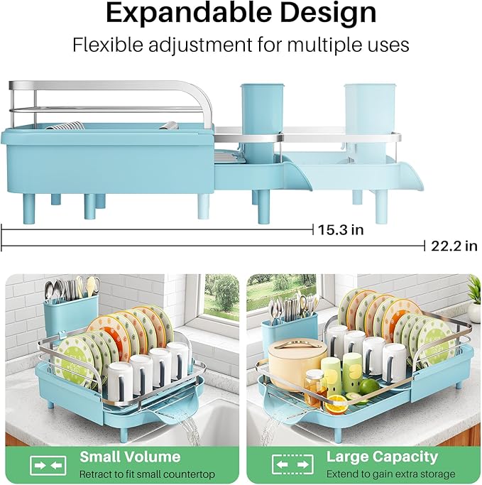 SAYZH Dish Drying Rack - Expandable Dish Rack for Kitchen Counter, Rust-Resistant Dish Drainer with Utensil Holder and Raised Guardrail, Kitchen Organizer for Cup and Bottle (Blue) - Image 3