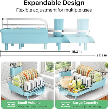 SAYZH Dish Drying Rack - Expandable Dish Rack for Kitchen Counter, Rust-Resistant Dish Drainer with Utensil Holder and Raised Guardrail, Kitchen Organizer for Cup and Bottle (Blue) - Image 3
