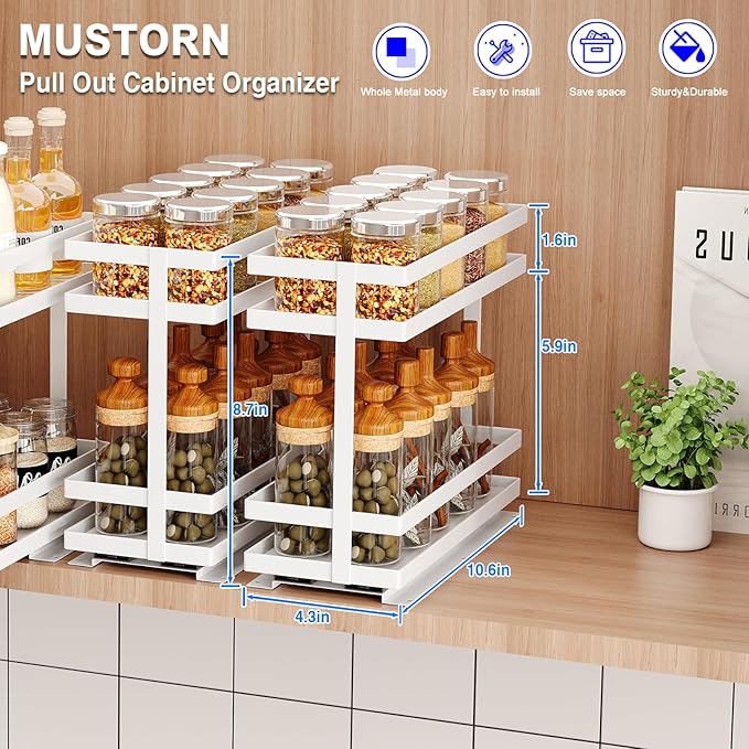 Mustorn 4 Pack Pull Out Spice Rack Organizer for Cabinet, 2 Tier Metal Slide Out Seasoning Organizer and Storage Heavy Duty Vertical Spice Rack Shelf Pullout for Kitchen Cabinets No Drilling (White) - Image 6