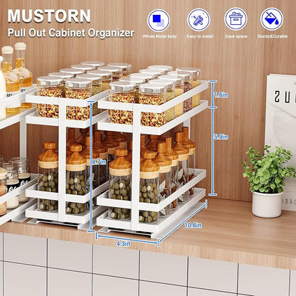 Mustorn 4 Pack Pull Out Spice Rack Organizer for Cabinet, 2 Tier Metal Slide Out Seasoning Organizer and Storage Heavy Duty Vertical Spice Rack Shelf Pullout for Kitchen Cabinets No Drilling (White) - Image 6