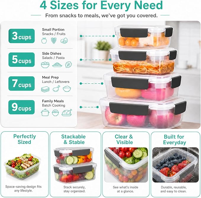 YORY 5 cup Plastic Food Storage Containers with Lids Nestable Freezer Dishwasher Safe Rectangle Meal Prep Container Set,5-Pack - Image 3