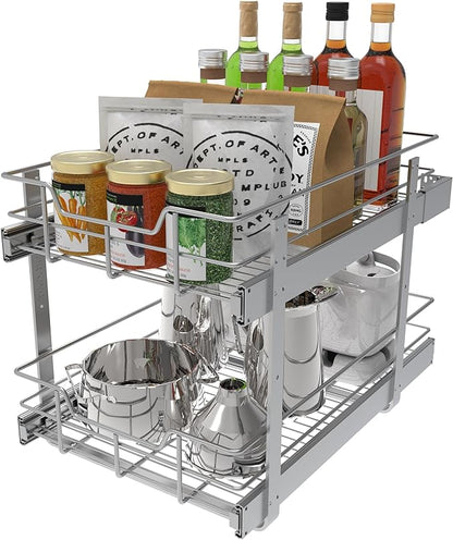 2 Tier Pull Out Cabinet Organizer 14" W X 22" D, Slide Out Drawers For Kitchen Cabinets, Pull Out Drawers For Cabinets Capacity Heavy Duty Caddy, Cabinet Pullout Shelves Chrome-Plated,Bathroom Pantry - Image 7