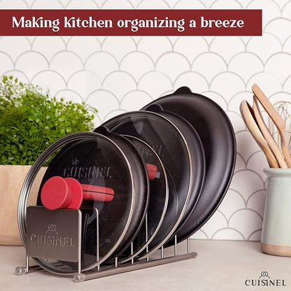 Cuisinel Lid and Dish Organizer Rack - Satin Nickel Silver Kitchen Storage Organization Stand - Plate Holder, Pan/Pot Covers, Cutting Board and Cookie Sheet Divider - 7-Tier Cabinet/Counter Display - Image 5