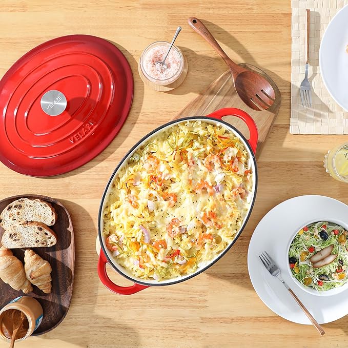 Velaze 7.5 QT Enameled Oval Dutch Oven Pot with Lid, Cast Iron Dutch Oven with Dual Handles for Bread Baking, Cooking, Frying, Non-stick Enamel Coated Cookware (RED) - Image 8