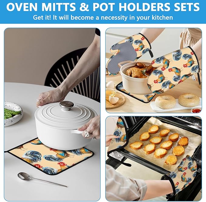 Watercolor Rooster Oven Mitts and Pot Holders Sets Heat Resistant 4Pcs Potholders Oven Gloves Hot Pads for Kitchen Baking Cooking Grilling BBQ